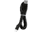 Cablu negru USB-A la USB-C cu o bandă albă.