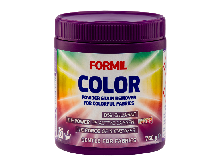 Recipient mov cu detergent pudră pentru îndepărtarea petelor de pe rufe colorate, 750g.