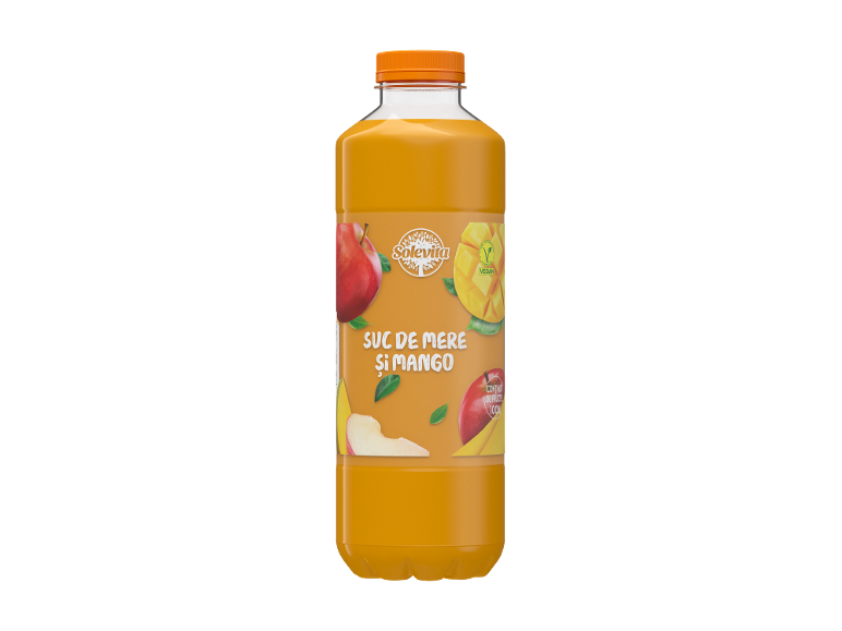 Sticlă de suc de mere și mango cu imagini de fructe și text 