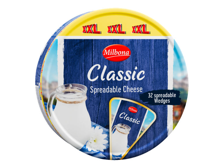 Ambalaj rotund XXL de brânză tartinabilă clasică cu 32 de porții, cu o carafă de lapte.