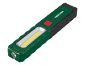Lampă de lucru LED verde și neagră cu un buton roșu și o bandă luminoasă galbenă.
