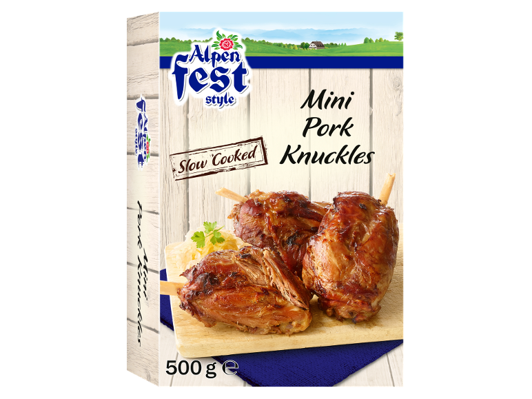 Ambalaj de ciolane de porc mini gătite lent, cu 500g de produs.