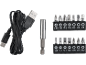 Cablu de încărcare USB-A la USB-C, suport de biți și biți de șurubelniță (PH0-PH3, H3-H5, SL3-SL6, PZ0-PZ2).