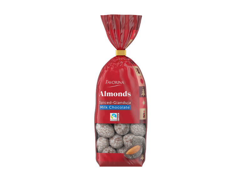 Pungă roșie cu migdale în ciocolată cu lapte gianduja condimentată, cu motive de Crăciun.