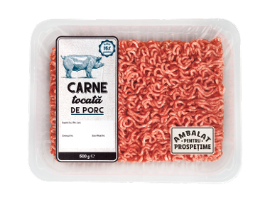 Ambalaj de carne tocată (500g) cu inscripțiile 'MAXIM 15% grăsime' și 'AMBALAT PENTRU PROSPEȚIME'.
