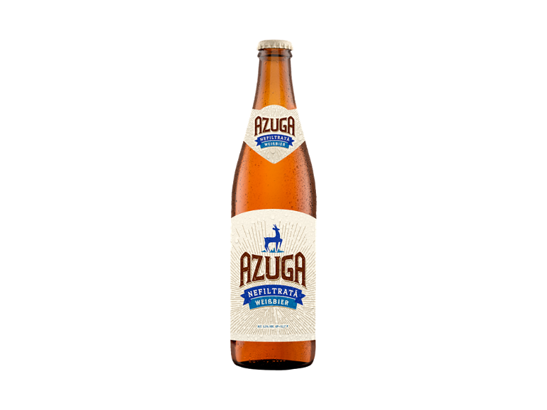 Sticlă de bere nefiltrată de grâu cu etichetă cu cerb și textul „AZUGA NEFILTRATA WEISSBIER”.