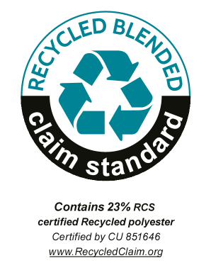 Sigiliu Recycled Blended Claim Standard: Conține 23% poliester reciclat certificat RCS, certificat de CU 851646.