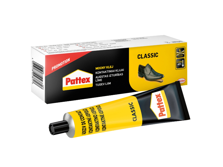 Adeziv de contact universal în tub și ambalaj, cu mențiunile „CLASSIC” și „PROMOTION”.