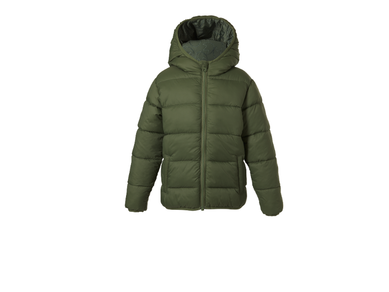 Geacă verde matlasată cu glugă și fermoar frontal