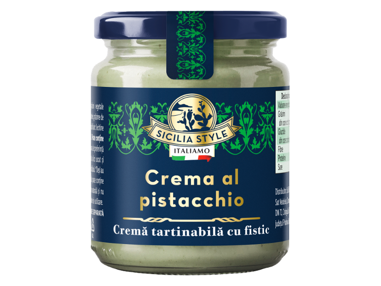 Borcan de cremă de fistic tartinabilă, cu eticheta „Crema al pistacchio”.
