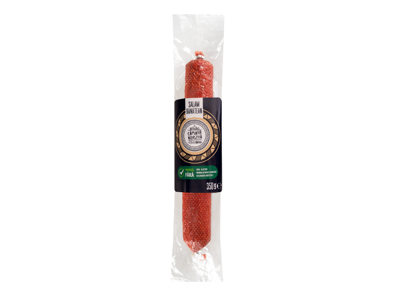 Salam bănățean în ambalaj transparent, fără soia, gluten, monoglutamat și coloranți sintetici, 350g.