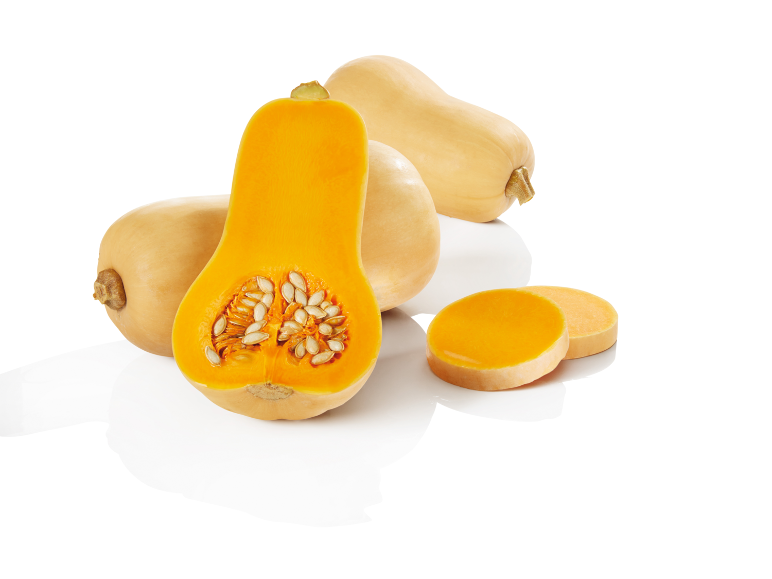 Dovleac butternut tăiat și întreg pe fundal alb.