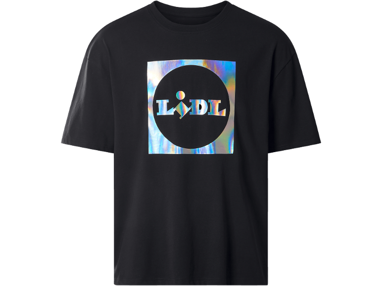 Tricou negru cu mânecă scurtă cu un logo irizat în centru.