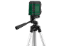 Nivelă laser verde pe trepied cu picioare argintii și mâner negru.
