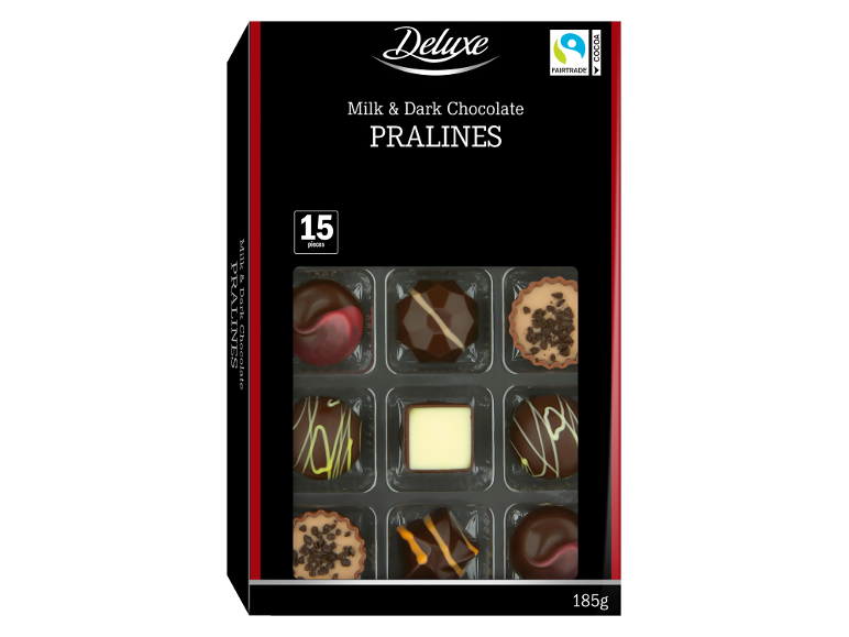 Cutie de praline de ciocolată cu lapte și neagră, 15 bucăți, 185g.