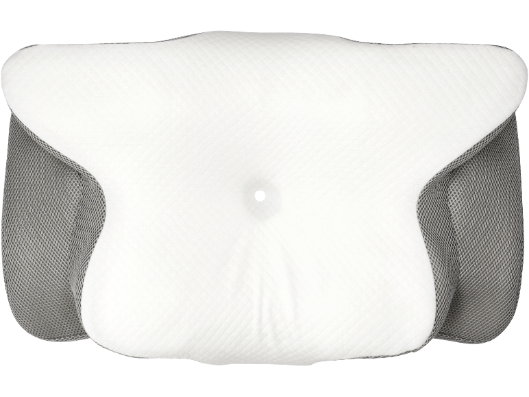 Pernă ergonomică albă pentru suport lombar cu laterale din plasă gri.