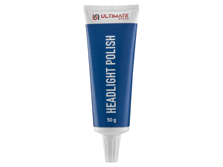 Tub alb și albastru de polish pentru faruri, 50g, cu textul 'HEADLIGHT POLISH'.
