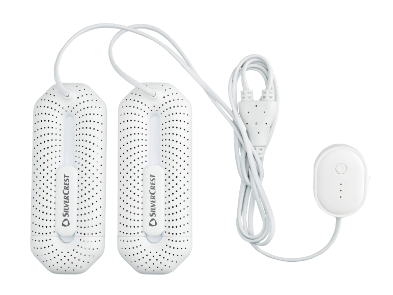 Uscător de pantofi electric alb cu două elemente și un controler.