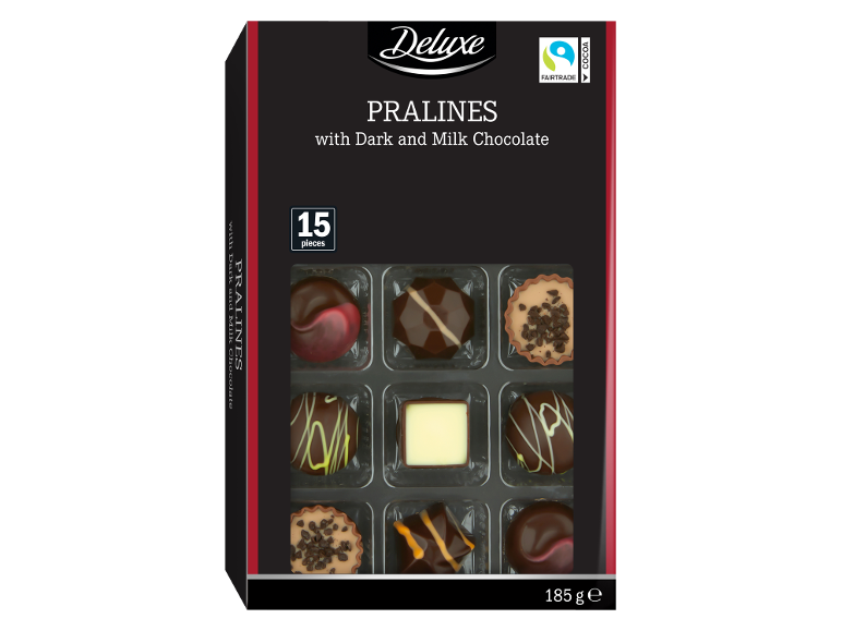 Cutie de praline din ciocolată neagră și cu lapte, 15 bucăți, 185 g.