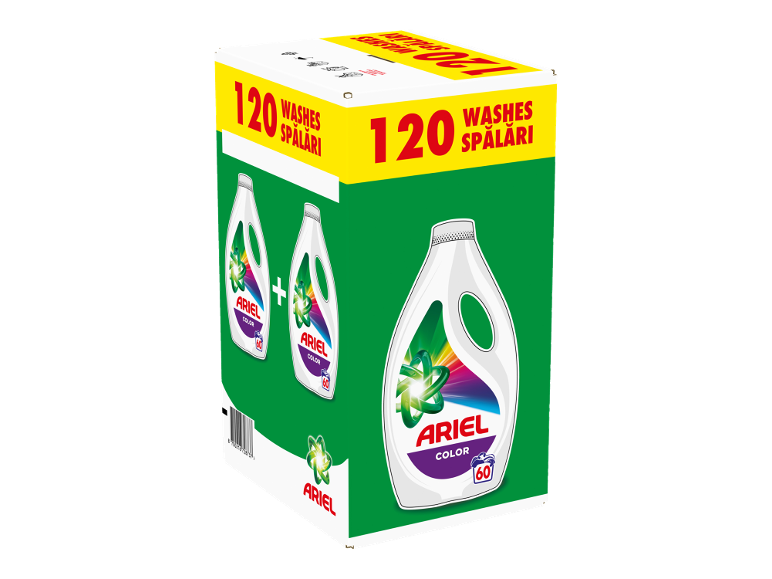 Detergent lichid pentru 120 de spălări, trei sticle, una mare și două mici.
