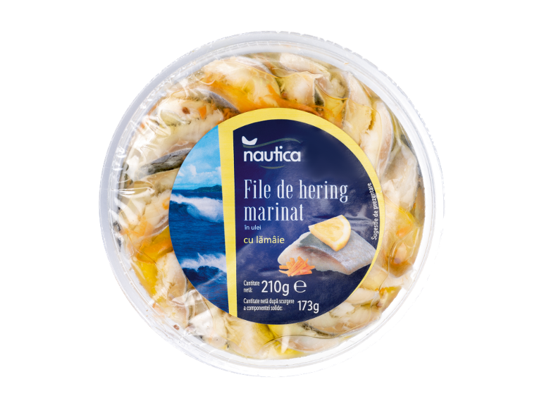 File de hering marinat în ulei cu lămâie, 210g (scurs 173g).