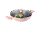 Wok roz cu capac transparent, plin cu legume.