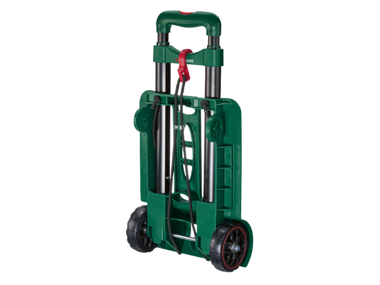 Cărucior de transport pliabil verde cu mâner telescopic și curele elastice.