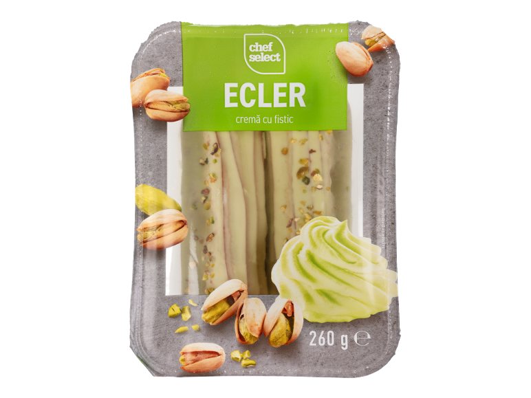 Eclere cu cremă de fistic în ambalaj, cu fistic și frișcă, 260 g.
