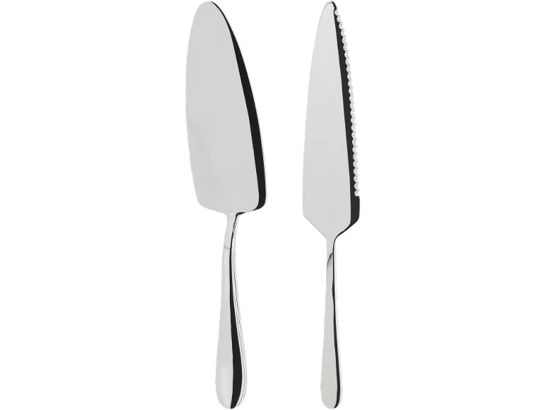 Spatulă și cuțit de tort din metal argintiu.