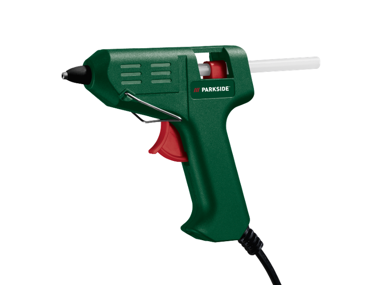 Pistol de lipit verde cu declanșator roșu și baton de lipici alb