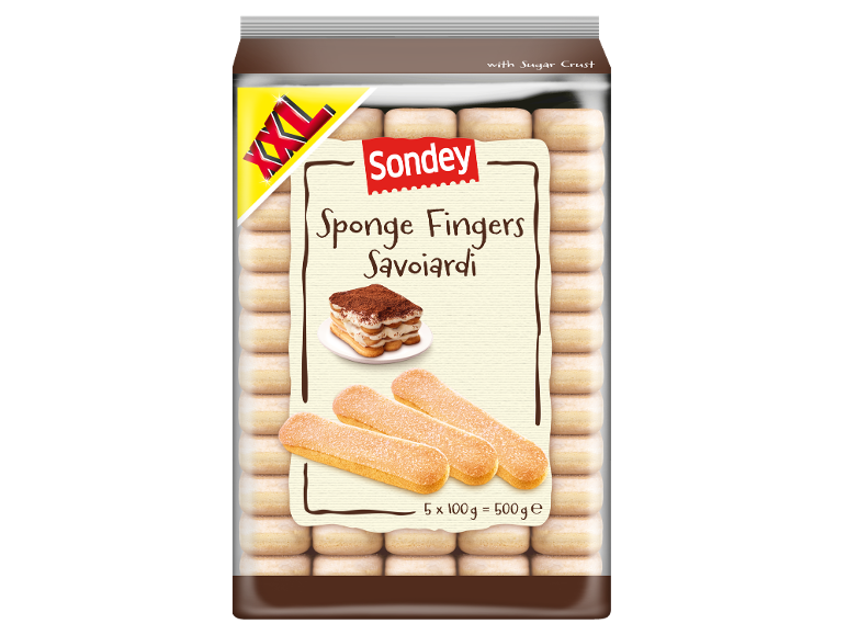Pachet de pișcoturi cu crustă de zahăr, cu o porție de tiramisu și pișcoturi individuale.