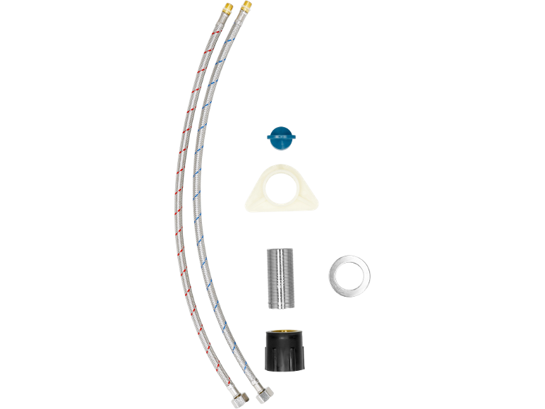 Kit de instalare robinet cu două furtunuri împletite, accesorii de montaj și garnituri.