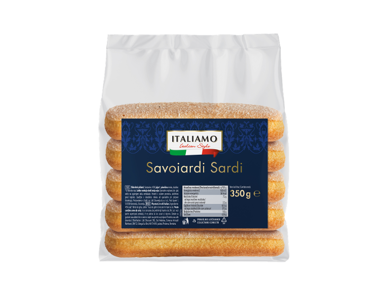 Pachet de pișcoturi savoiardi cu zahăr, cu etichetă albastră și informații nutriționale.
