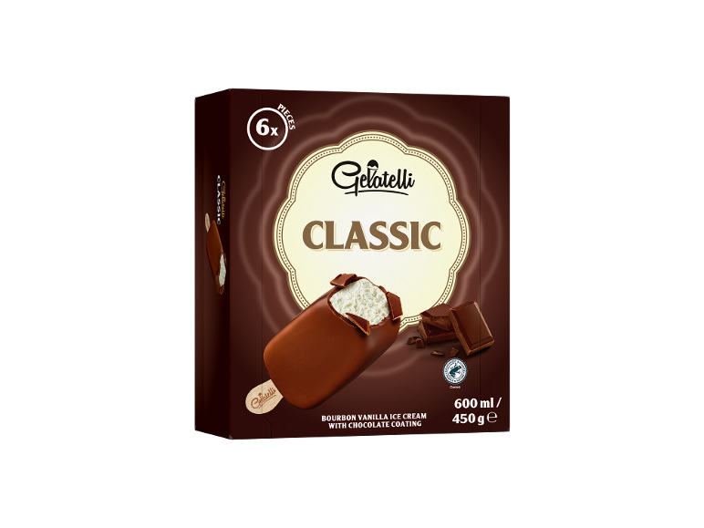Cutie cu 6 înghețate de vanilie bourbon cu înveliș de ciocolată, 600 ml / 450 g.