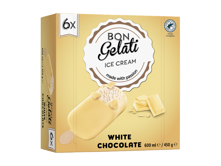 Cutie cu 6 batoane de înghețată cu ciocolată albă, 600ml / 450g.