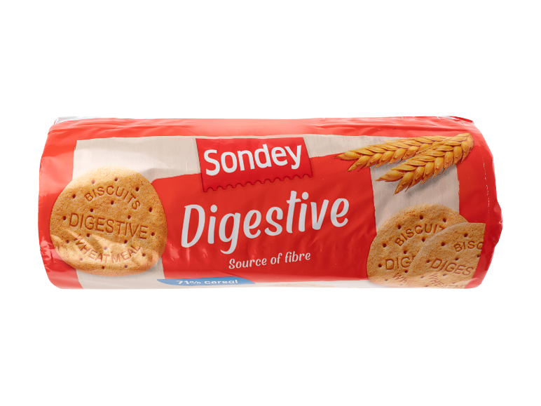 Ambalaj de biscuiți integrali cu textul „Digestive Source of fibre”.
