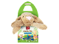 Iepure de pluș maro cu cutie de ciocolată cu lapte tematică de Paște, cu oaie și iepure de desene animate.