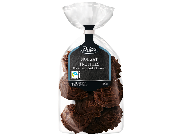 Pungă de trufe de nuga acoperite cu ciocolată neagră, 200g.
