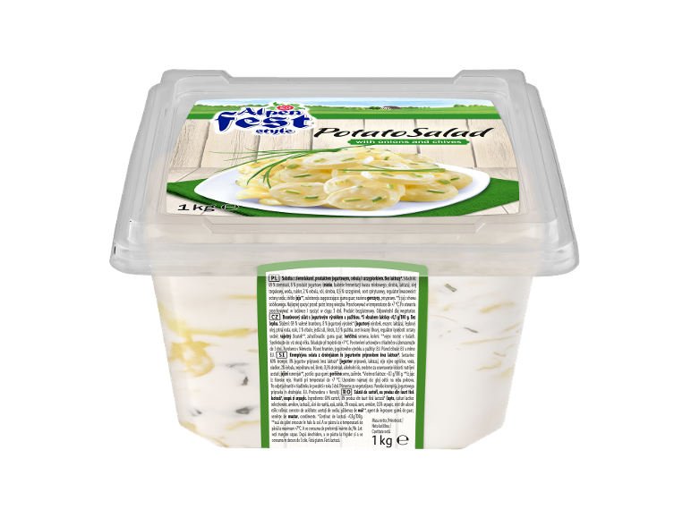 Salată de cartofi cu ceapă și arpagic într-un recipient de plastic, 1 kg.