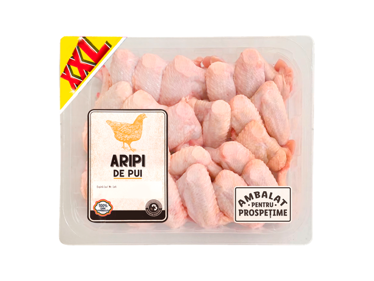 Ambalaj cu aripi de pui XXL, ambalate pentru prospețime.