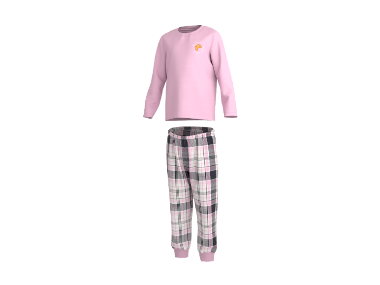 Pijama roz cu mânecă lungă și pantaloni în carouri, cu textul „bon jour mon ami” și un croissant.