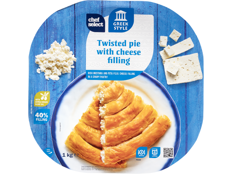 Plăcintă grecească răsucită cu umplutură de brânză, mizithra și feta într-un aluat crocant.