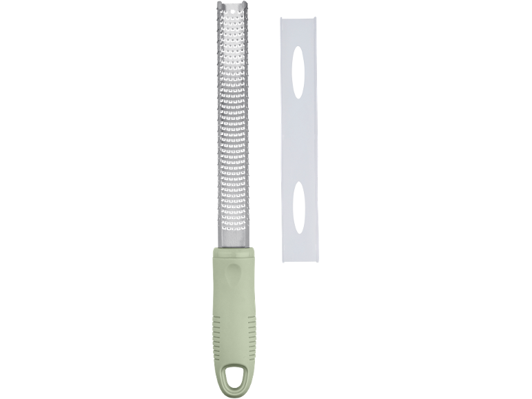 Răzătoare de mână cu mâner verde deschis și capac de protecție transparent.