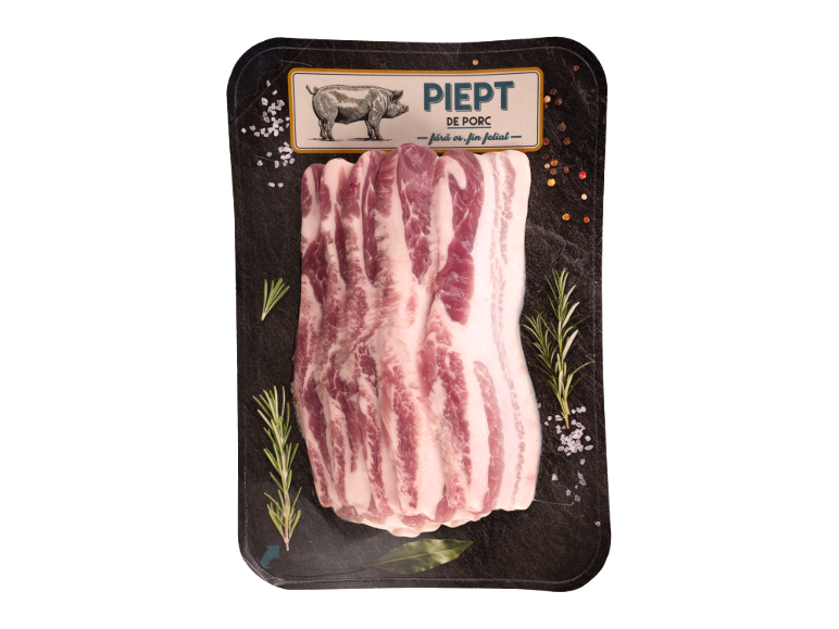 Ambalaj cu piept de porc fără os, feliat fin, cu rozmarin și condimente.