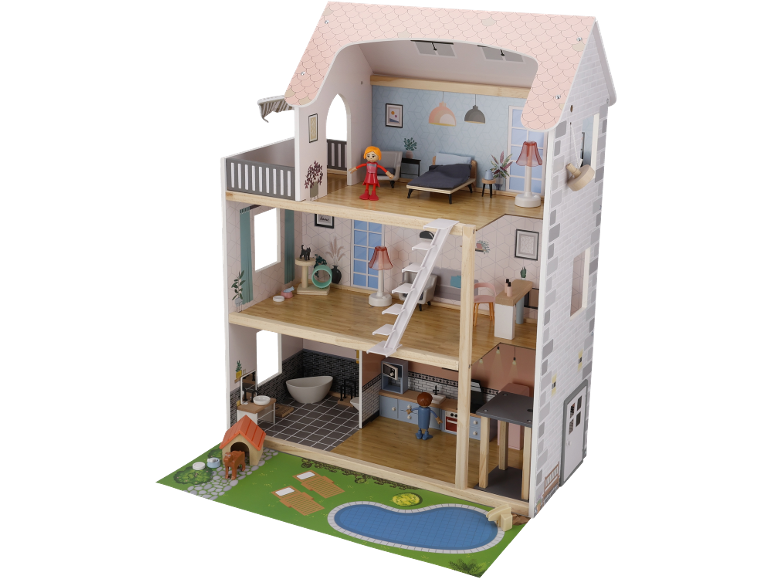 Casă mare de păpuși din lemn cu piscină, mobilier și figurine.