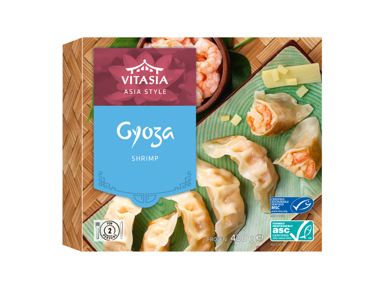 Cutie de gyoza congelată cu creveți, cu certificări pentru fructe de mare sustenabile.