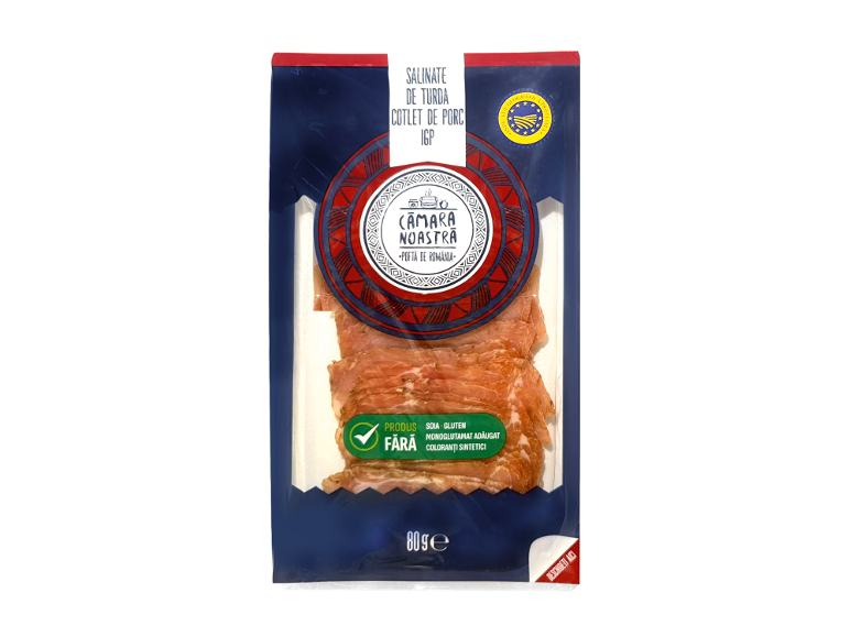 Pachet de cotlet de porc feliat, Salinate de Turda IGP, 80g, fără soia, gluten, MSG adăugat sau coloranți sintetici.