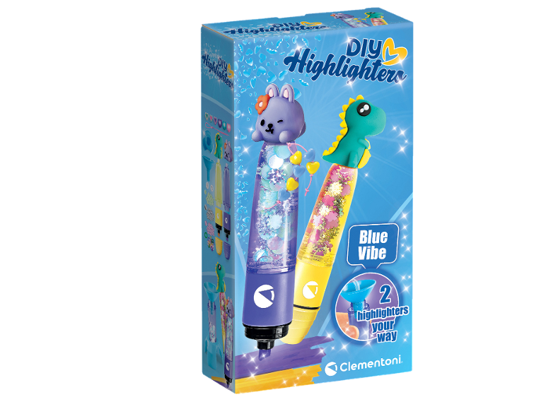 Set DIY Highlighters pentru a crea două markere strălucitoare cu capace în formă de animale.