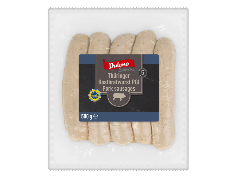 Pachet de cârnați de porc Thüringer Rostbratwurst PGI, 5 bucăți, 500 g.