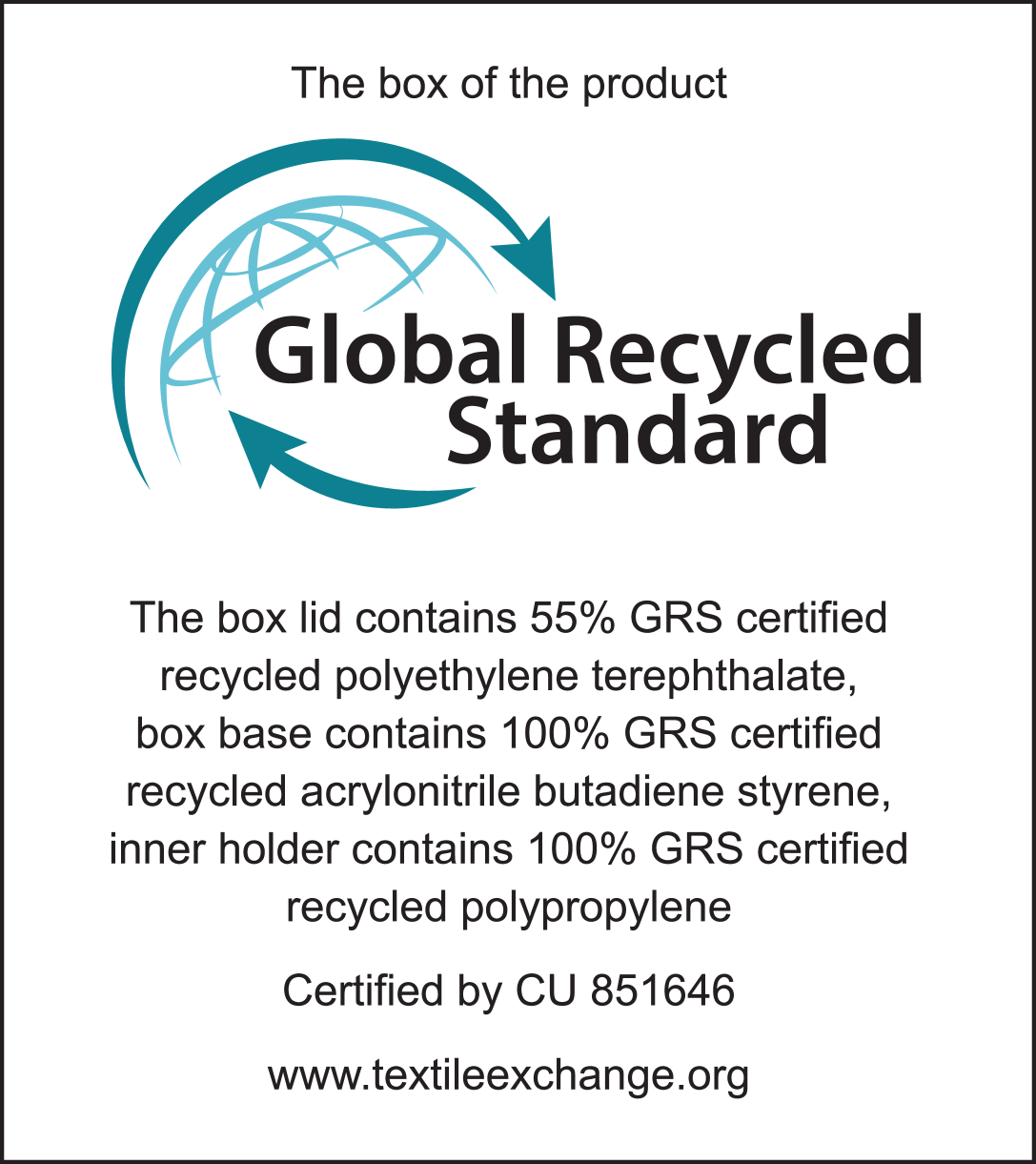 Etichetă Global Recycled Standard: capac 55% PET reciclat, bază 100% ABS reciclat, suport interior 100% PP reciclat. Certificat CU 851646.